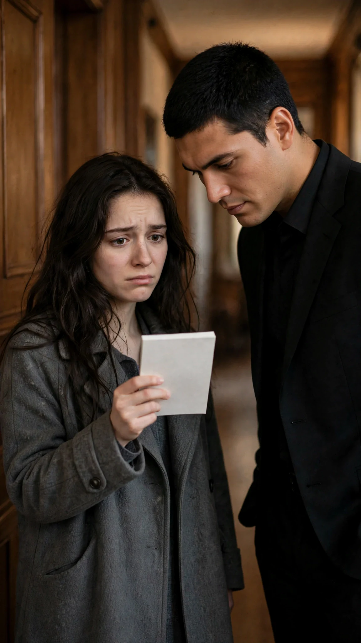 Aveline writes on her notepad and holds it up for Mattia to read in the hallway.