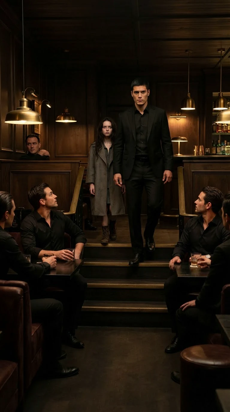 Mattia leads Aveline down into the dark club where men at tables turn to look.