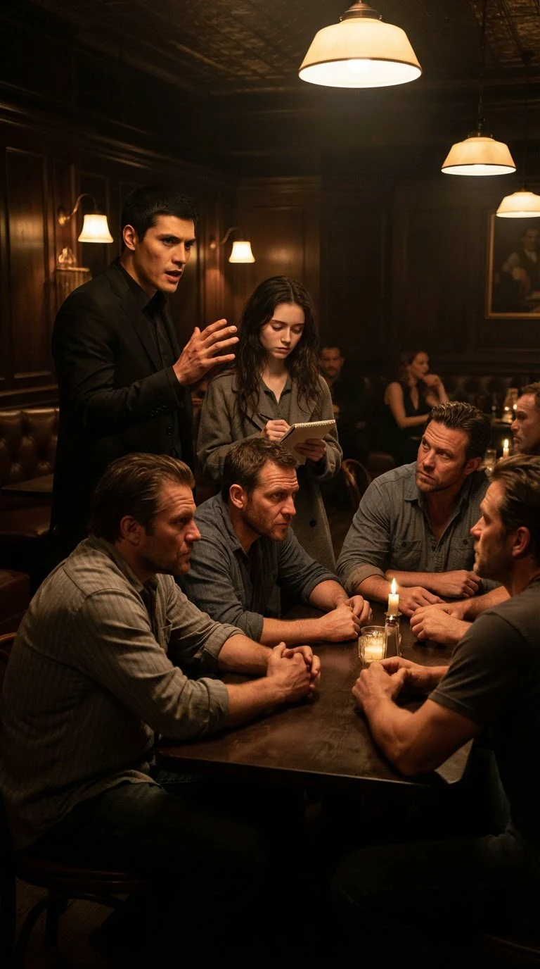Mattia introduces Aveline to the men in the club with a hand near her shoulder.