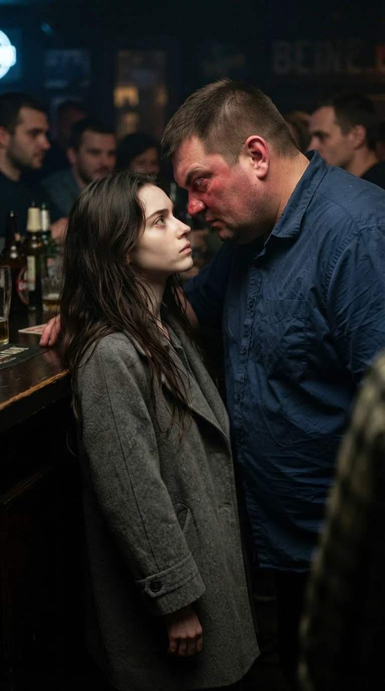 A heavy red-faced man leans in close to Aveline at the bar.