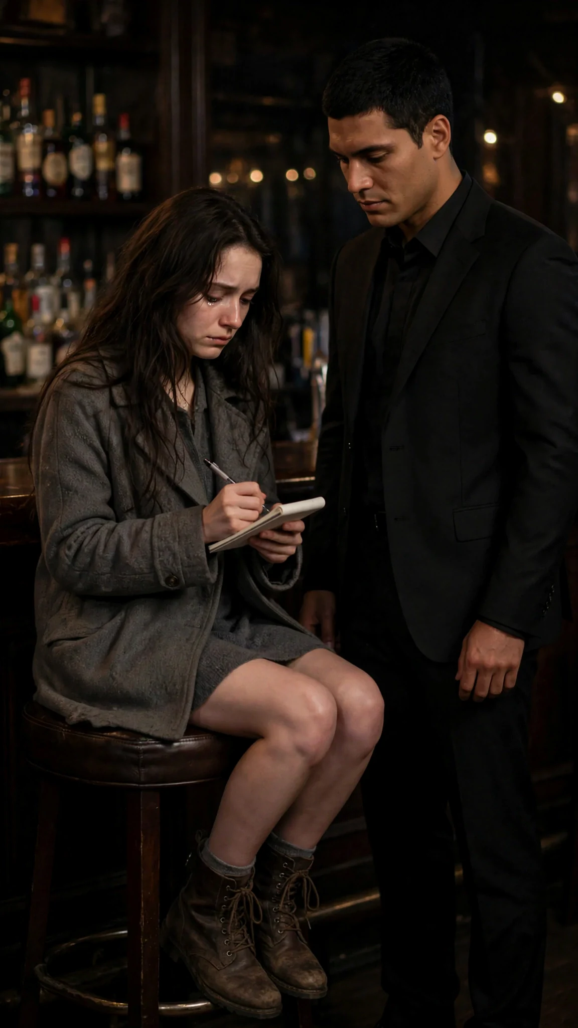 Aveline writes on her notepad with wet eyes while Mattia waits beside her.