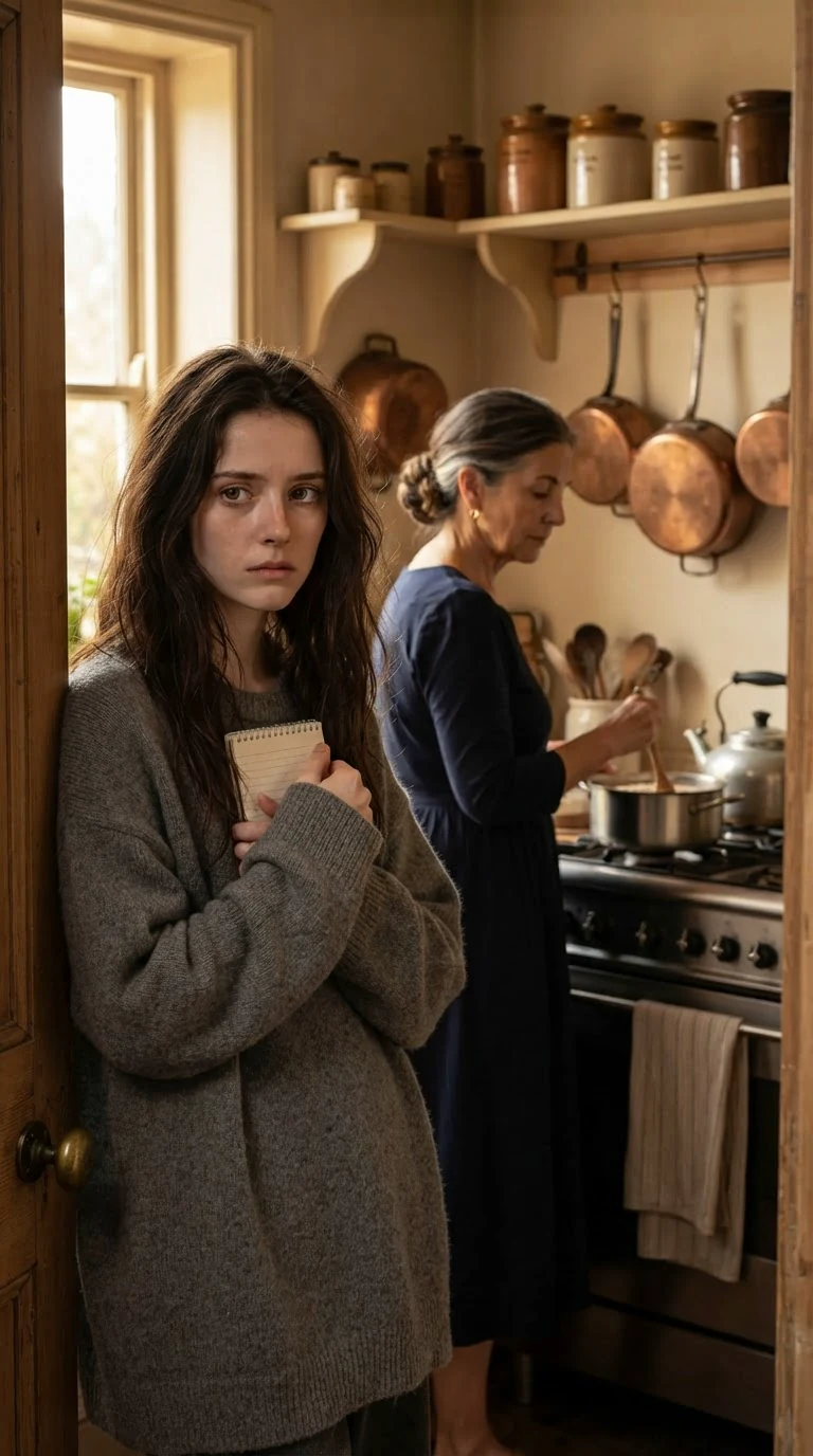 A young woman with a notepad stands nervously in a bright kitchen doorway while an older woman cooks at the stove.