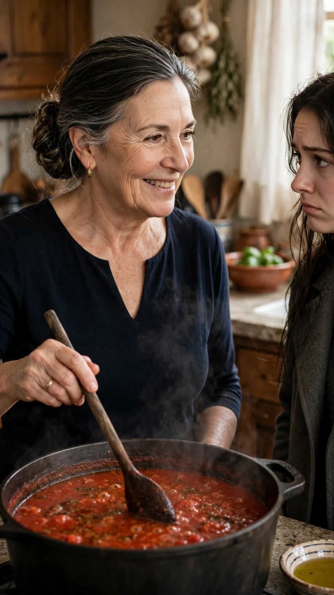 The older woman holds out a wooden spoon over a pot of sauce, looking at the younger woman with a small smile.