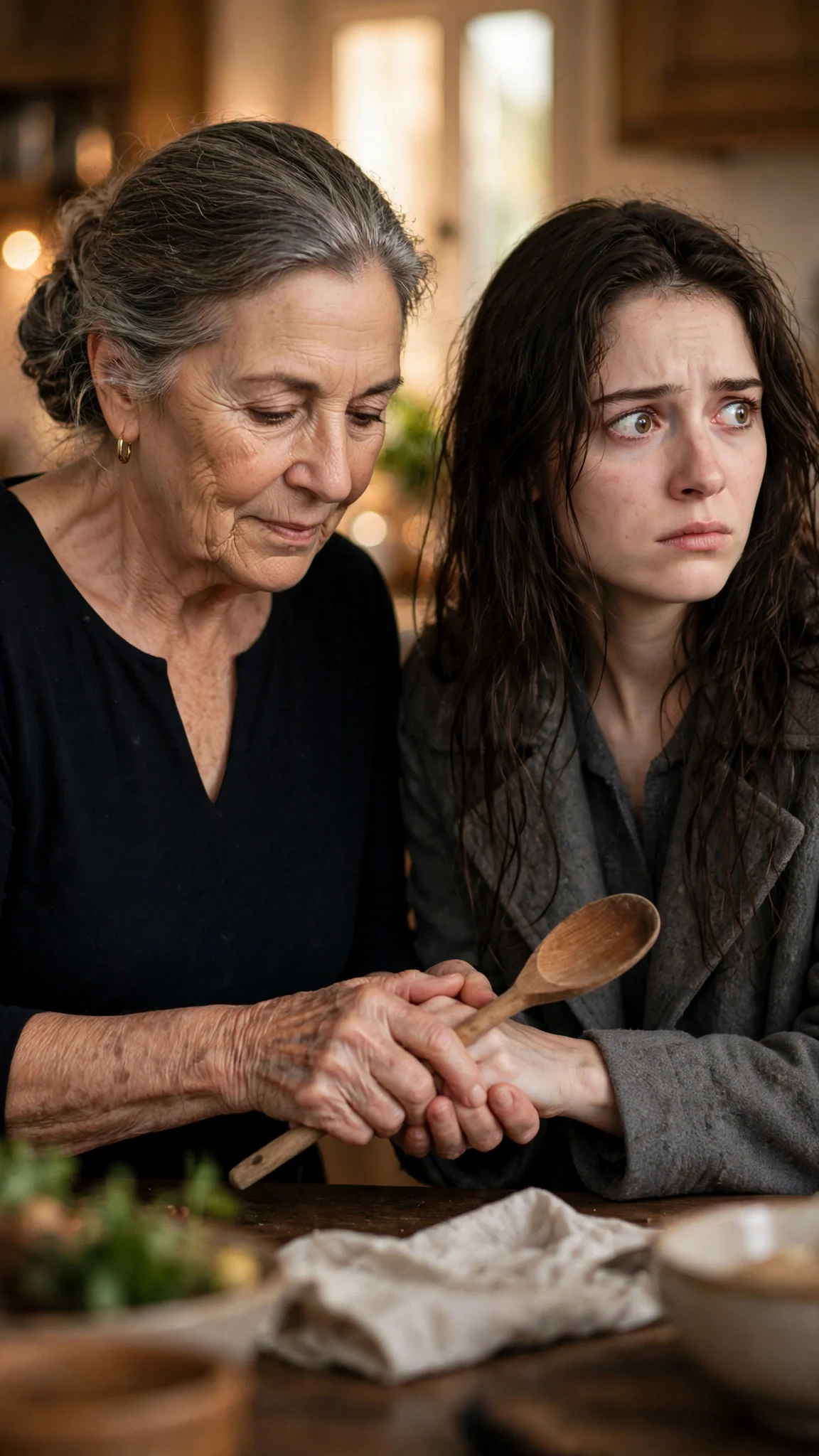 The older woman places a wooden spoon in the younger woman's hand, and the younger woman's arm is stiff with fear.