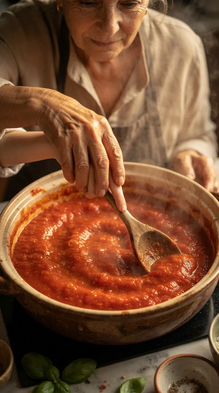 The older woman's hand rests over the younger woman's hand, guiding the spoon in slow circles.