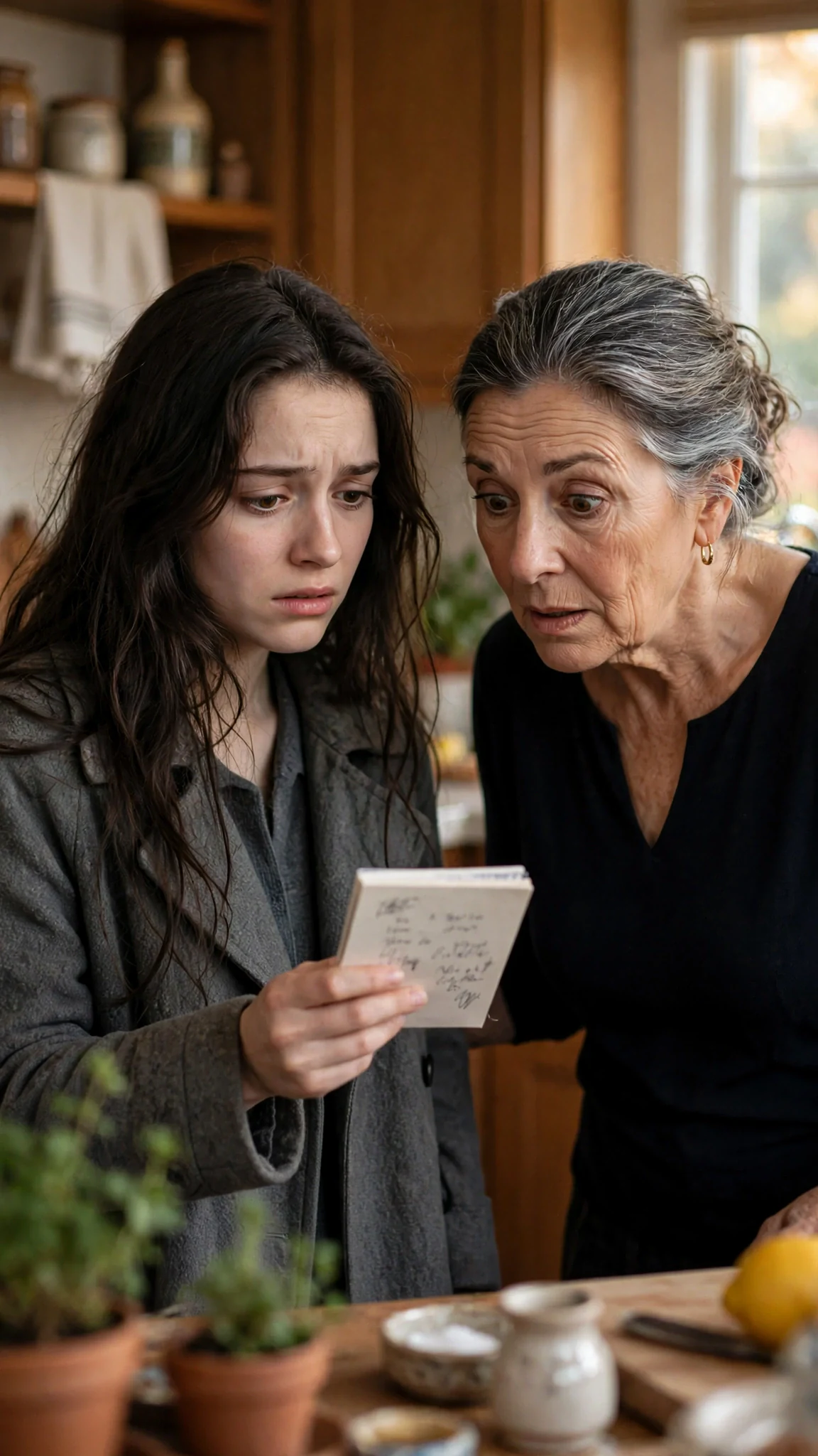The younger woman turns her notepad around to show a short handwritten line to the older woman.