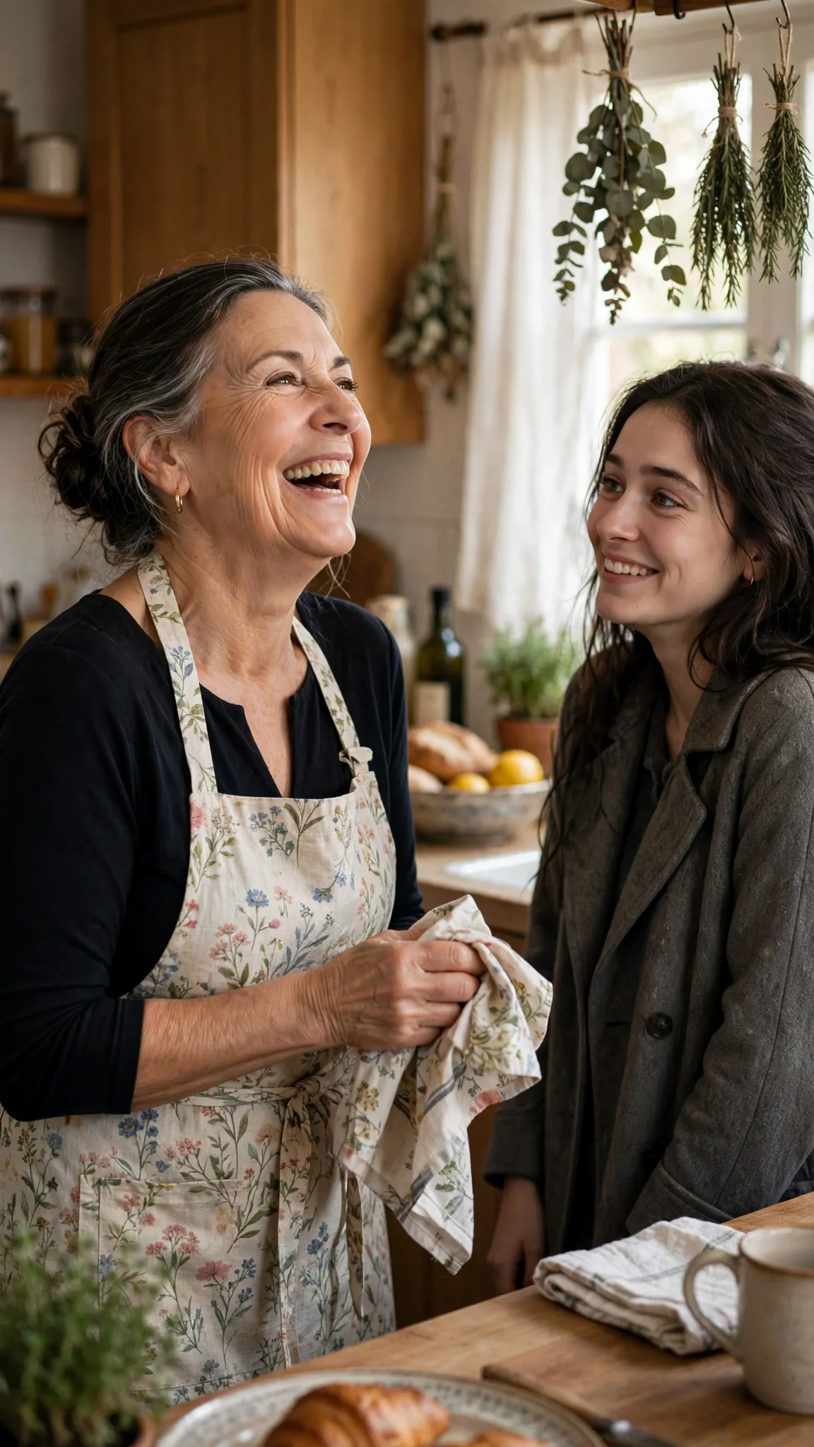 The older woman laughs loudly, wiping her hands on her apron, while the younger woman flinches and then almost smiles.