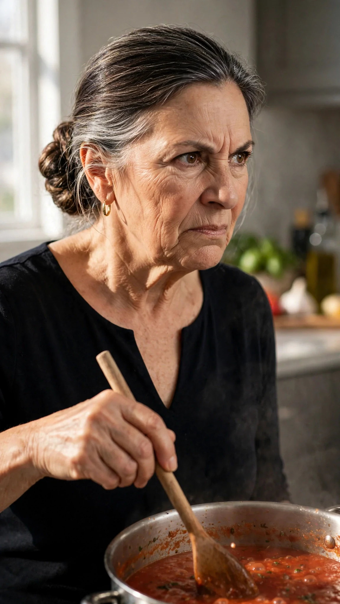The older woman's face hardens as she stirs the pot, her jaw tight.