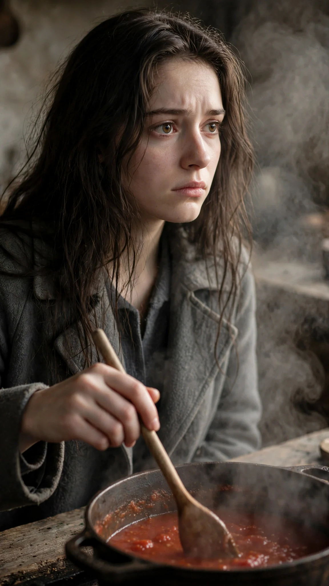 The younger woman stares at the pot, eyes glassy, her hand frozen on the spoon.