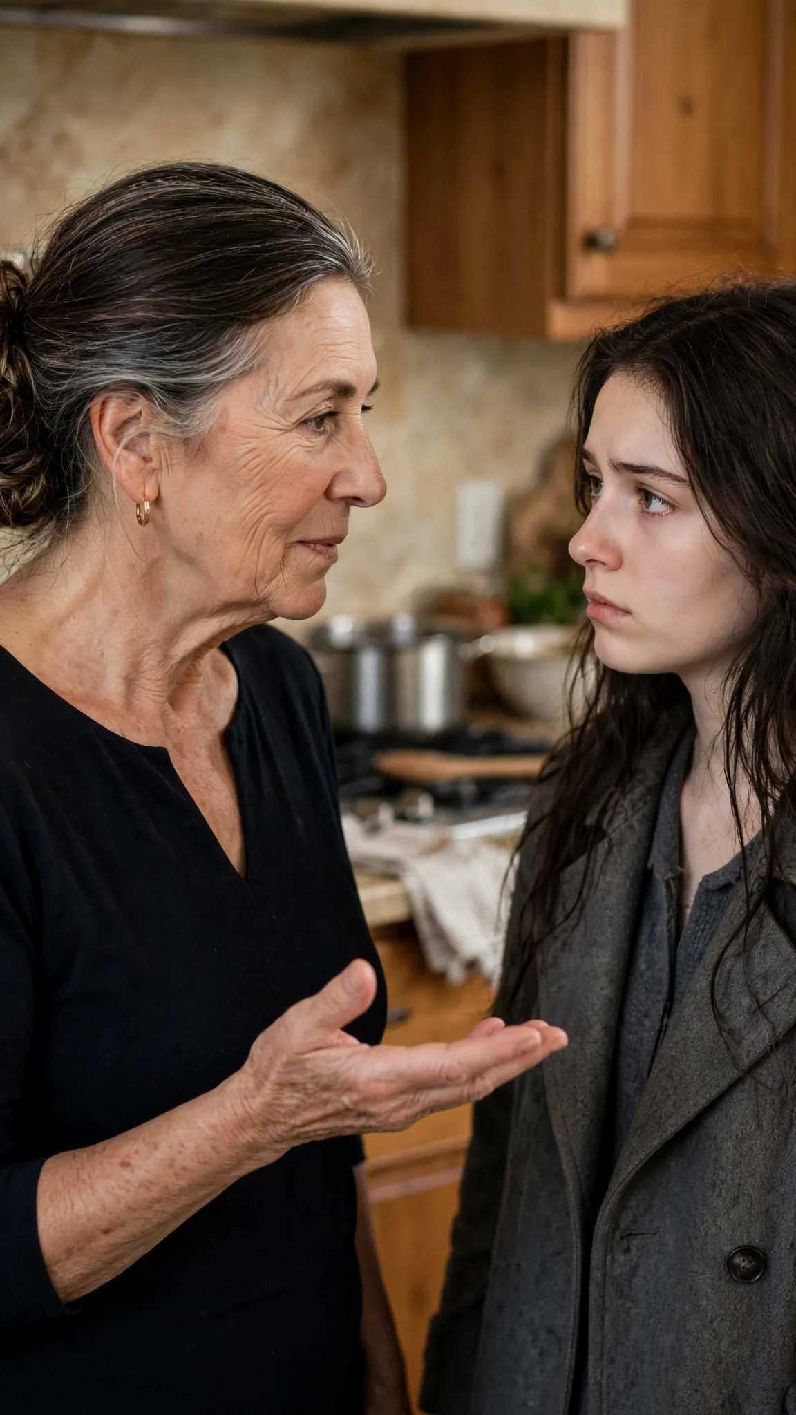 The older woman sets down her spoon and looks straight at the younger woman, serious and gentle.