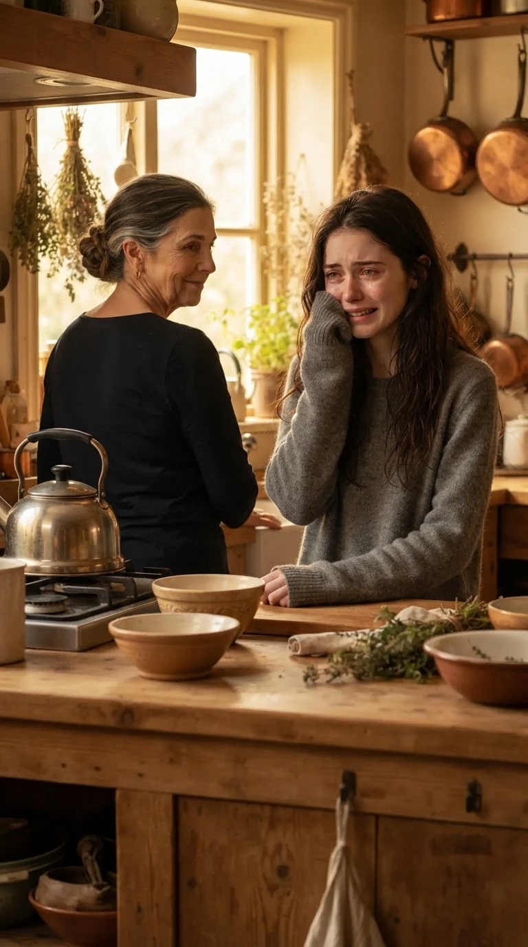 The younger woman wipes her eyes with her sleeve while the older woman pretends not to notice.