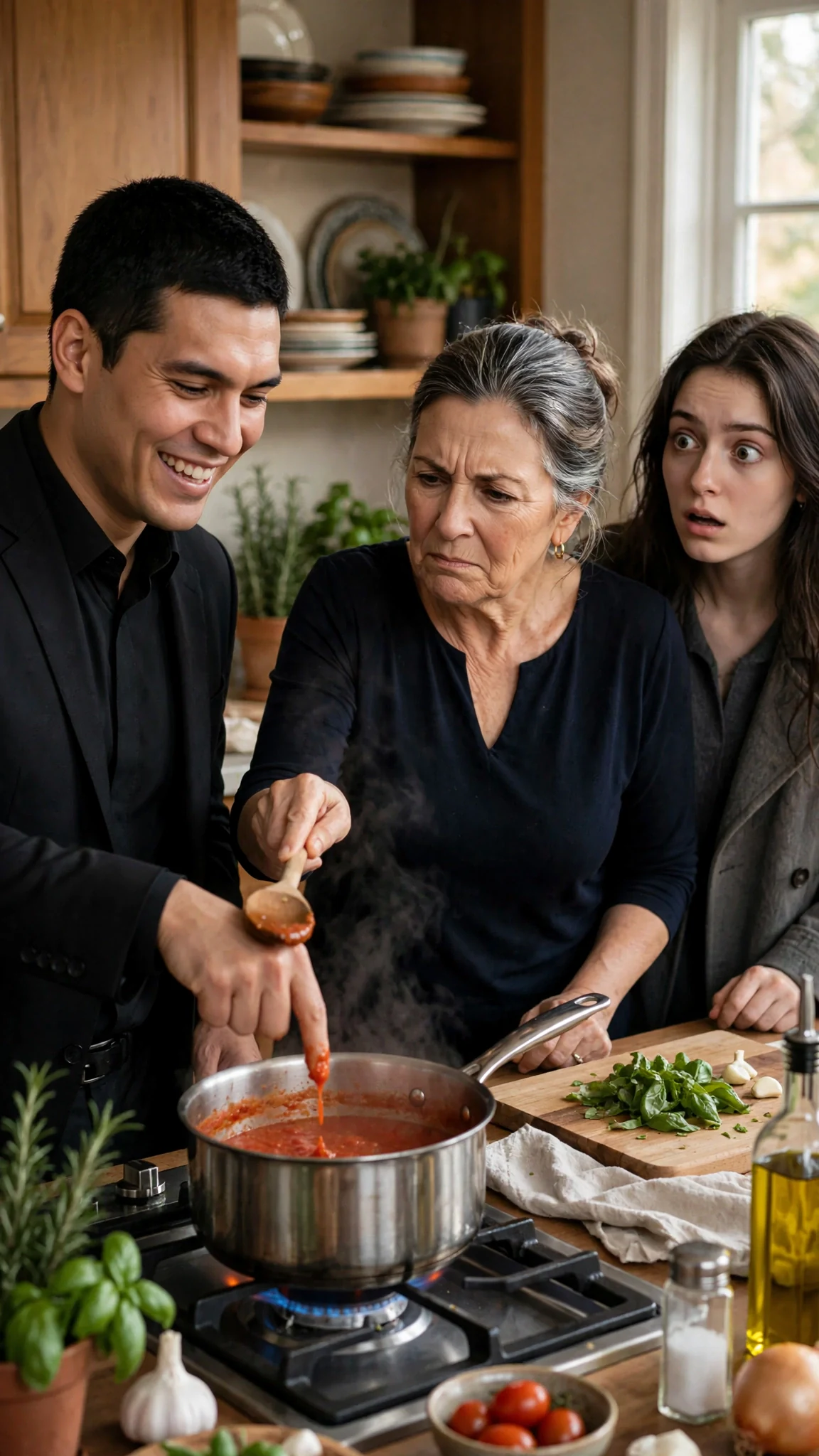 The older woman smacks the tall man's hand with a wooden spoon as he tries to taste the sauce.