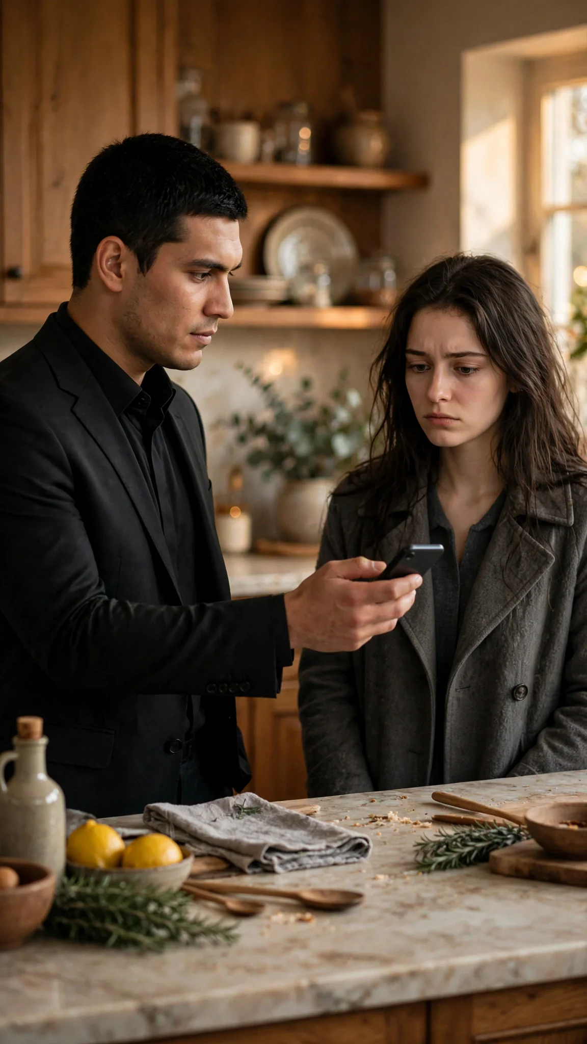 The tall man holds out a small black phone to the younger woman across the kitchen counter.