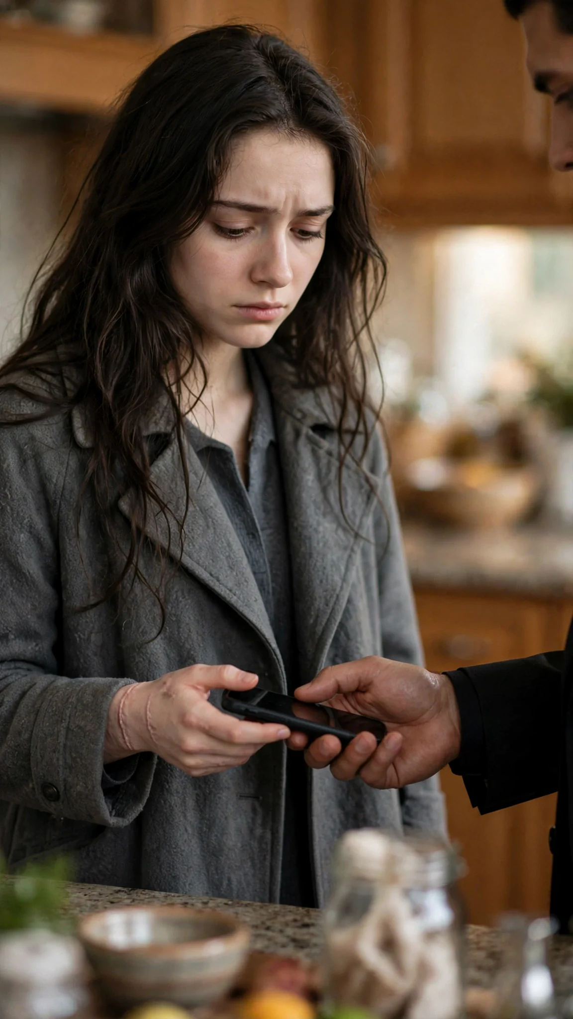 The younger woman takes the phone in both hands like it is fragile glass.