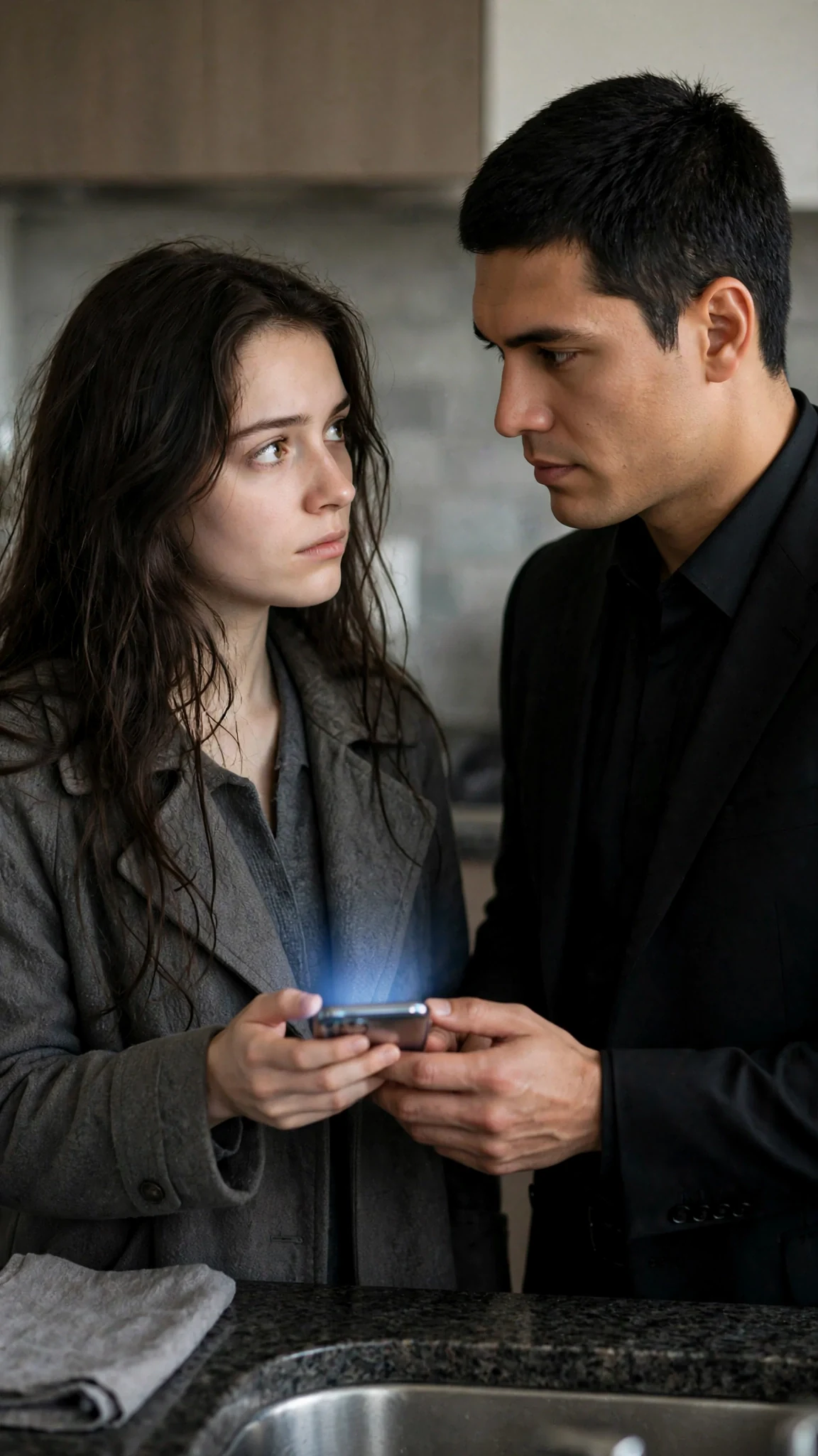The tall man points at the phone screen while the younger woman watches his face, not the screen.