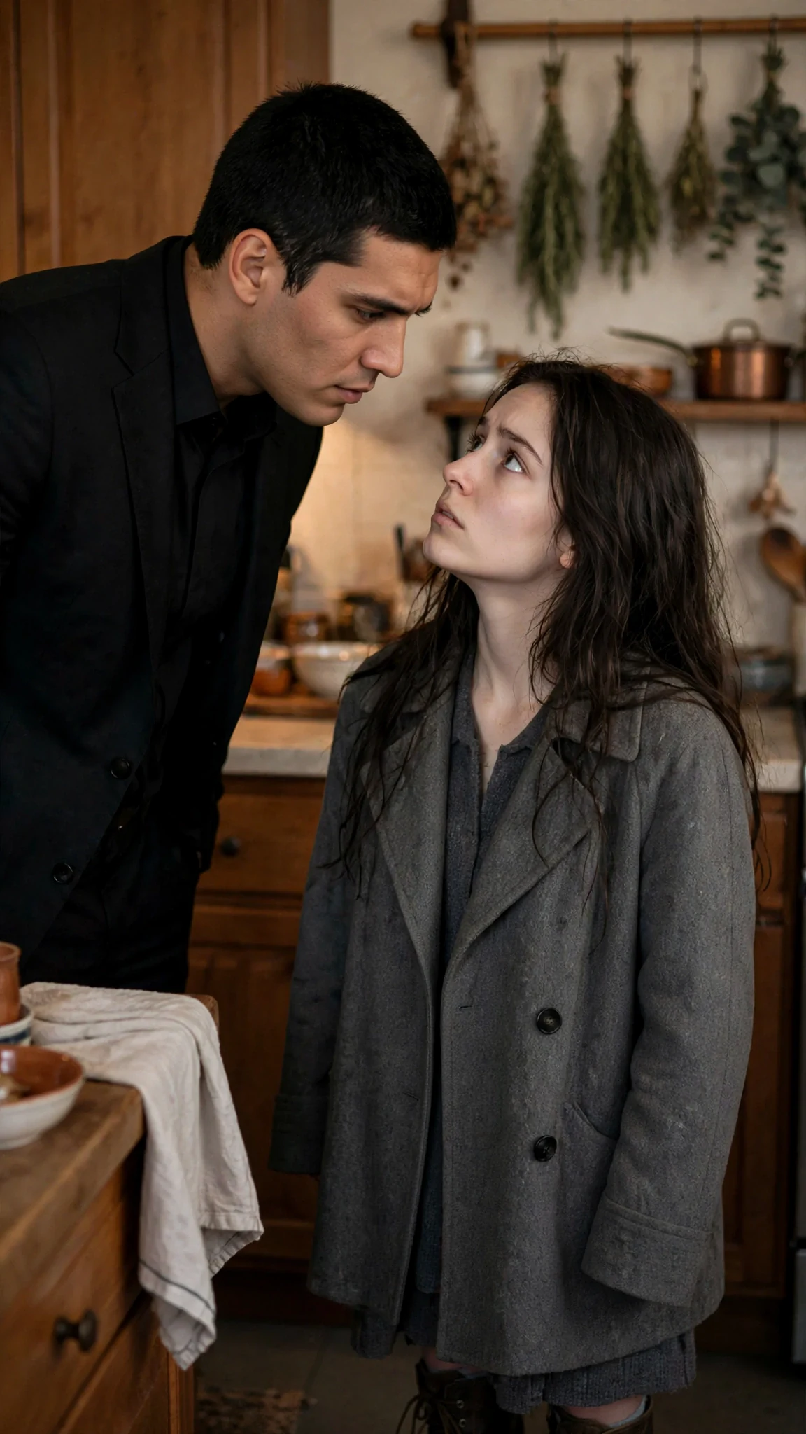 The tall man leans in close, his face hard, speaking low to the younger woman.