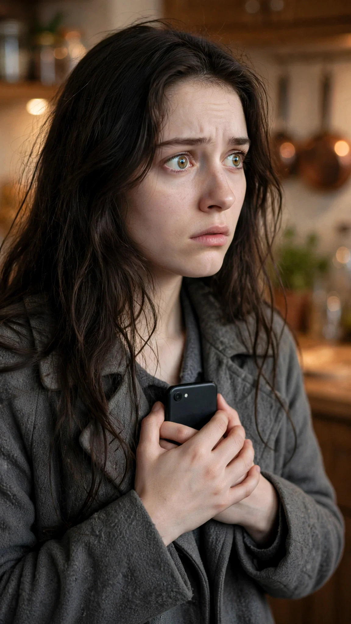 The younger woman holds the phone against her chest with both hands, eyes bright.