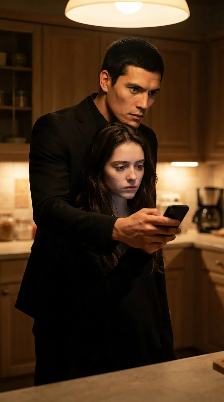 The tall man stands behind the younger woman, his thumb over hers on the phone, both of them very still.