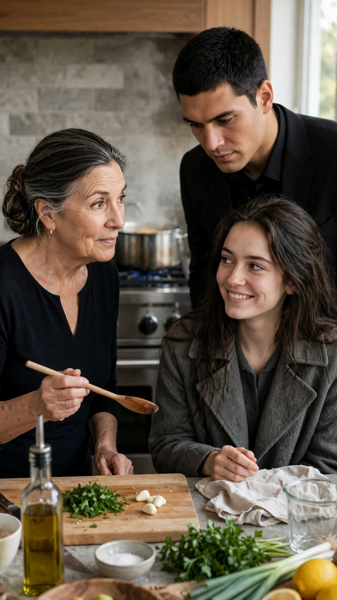 The older woman watches the two of them from the stove with one eyebrow raised.