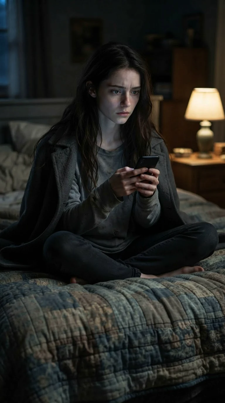 The younger woman sits on her quilted bed at night, holding the phone in both hands, its screen glowing.