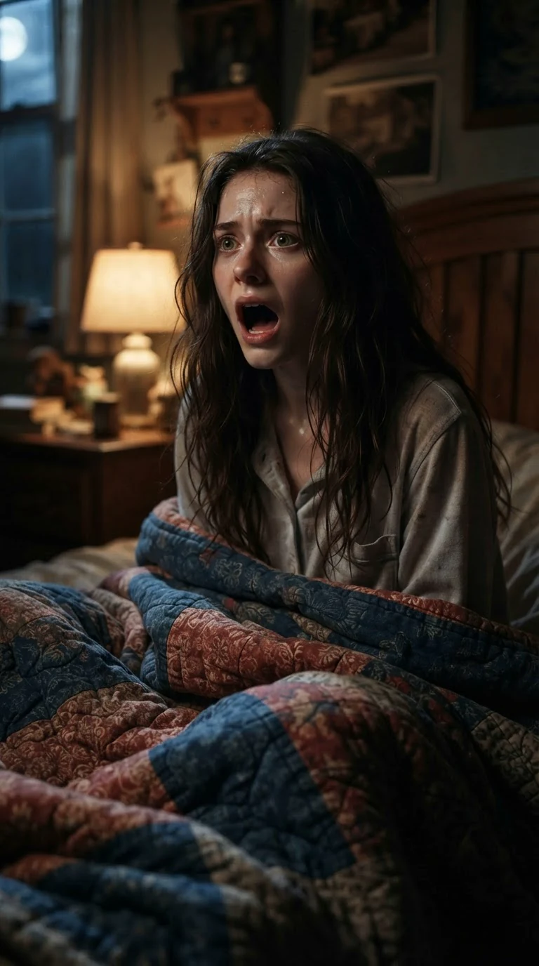 Aveline sits up in bed, afraid after a nightmare.