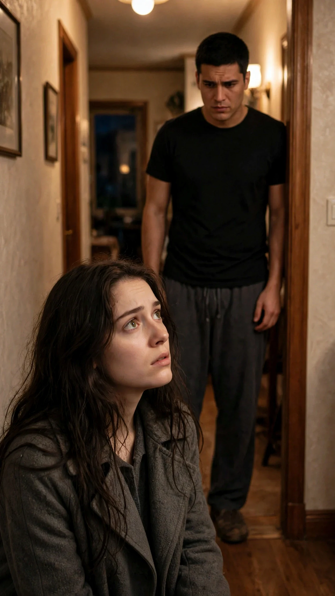 Mattia stands in the open doorway in a black t-shirt, worried.