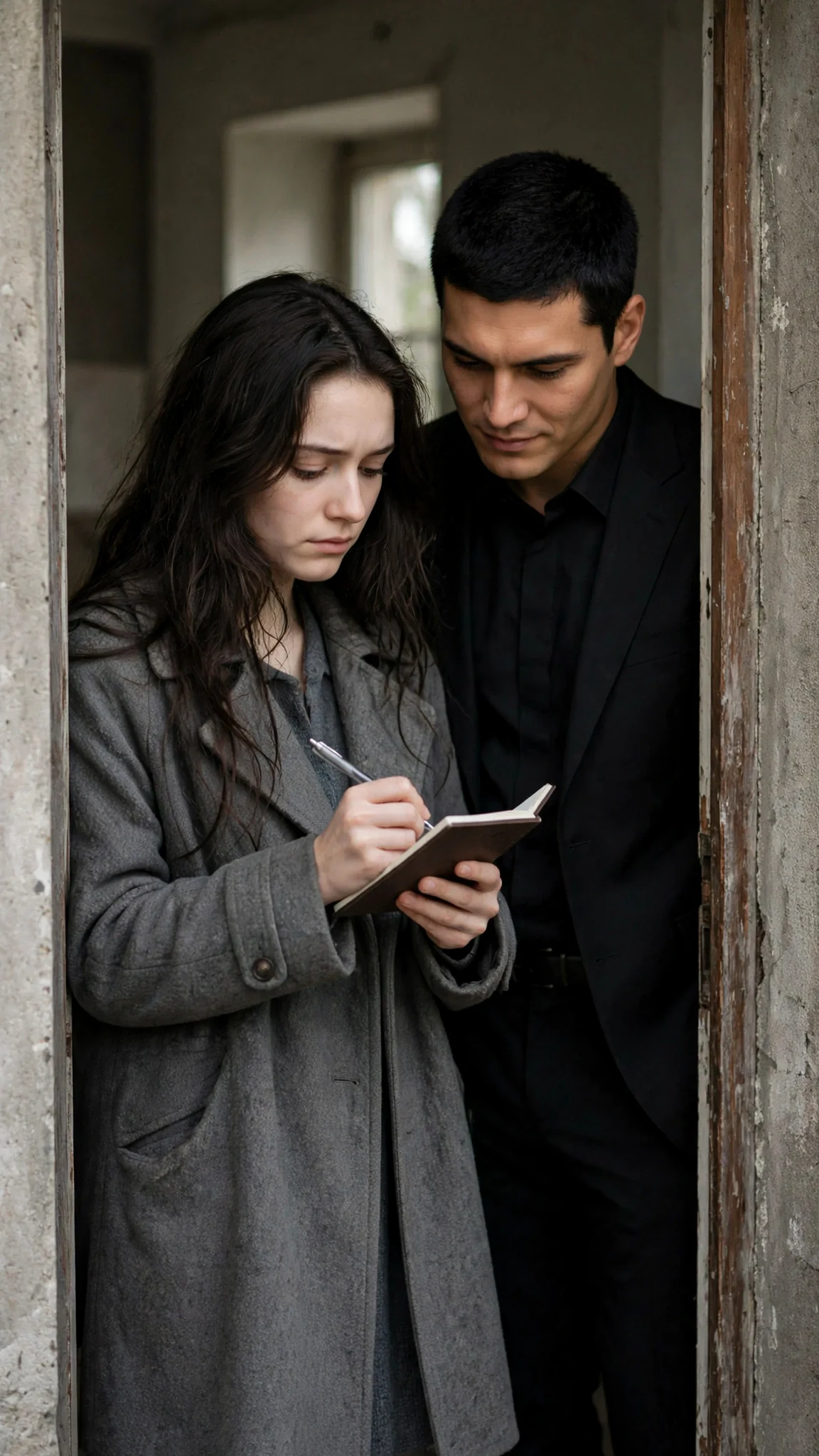 Aveline writes on her pad while Mattia reads.