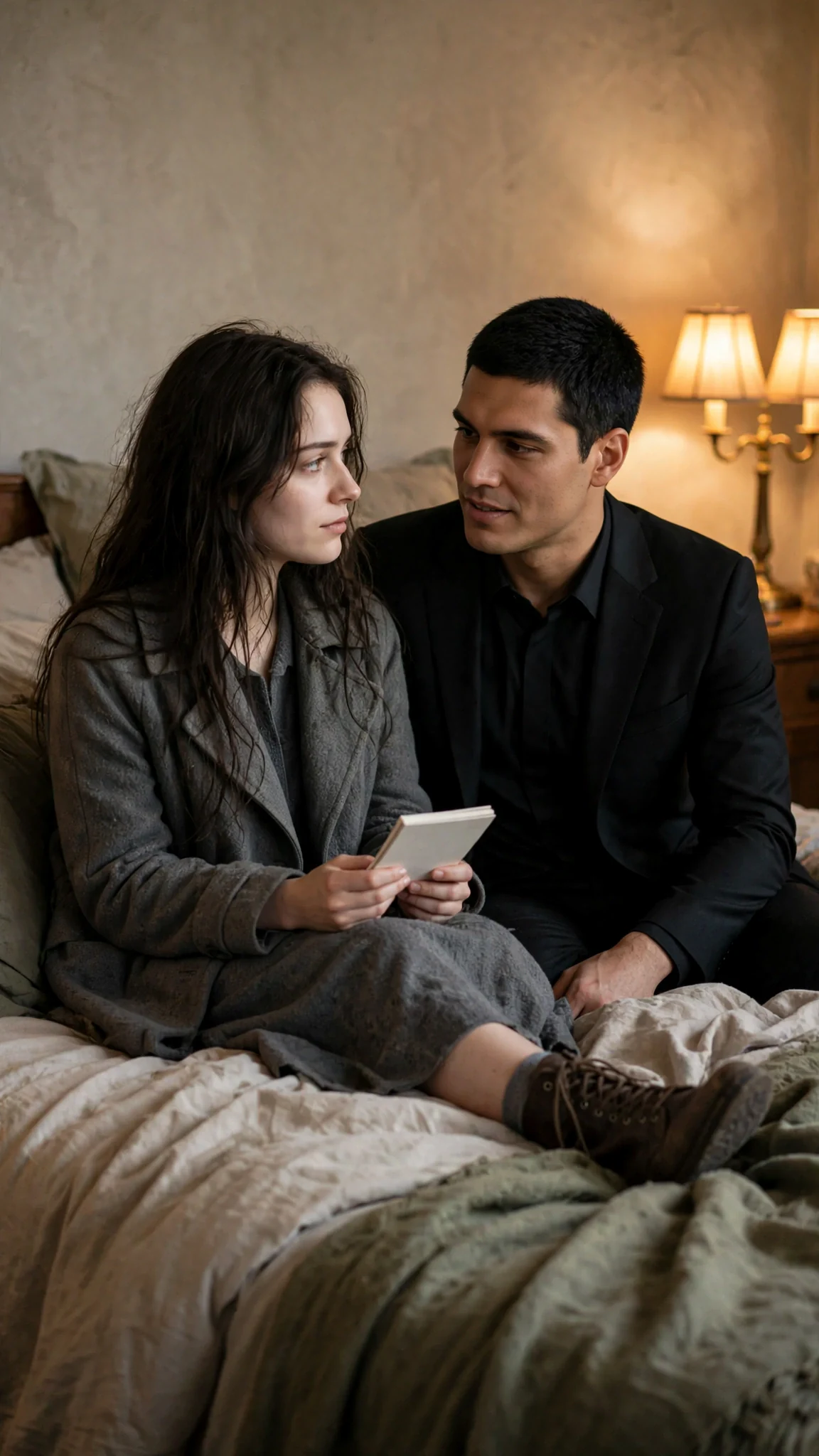Aveline and Mattia sit on the bed, speaking softly.