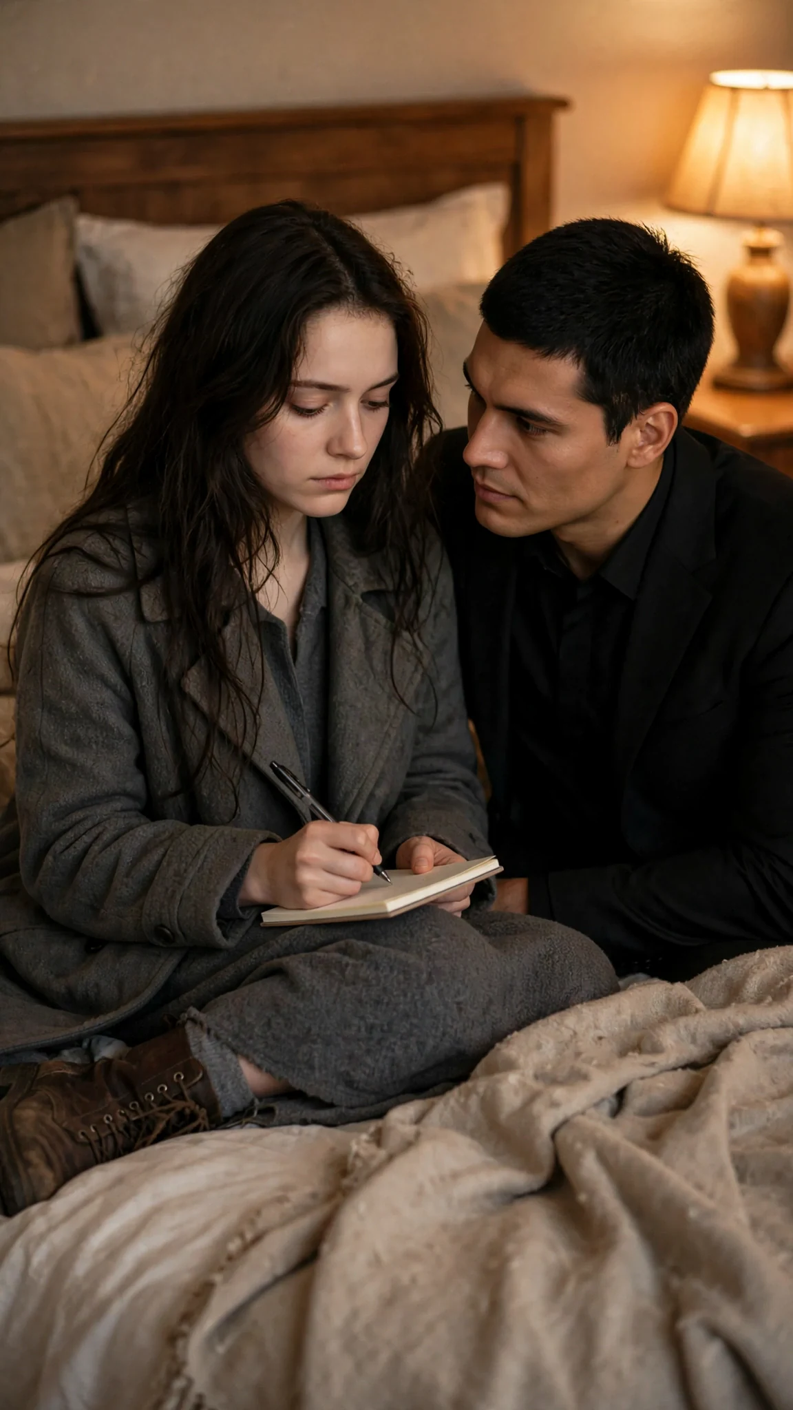 Aveline writes on her pad while Mattia leans close.
