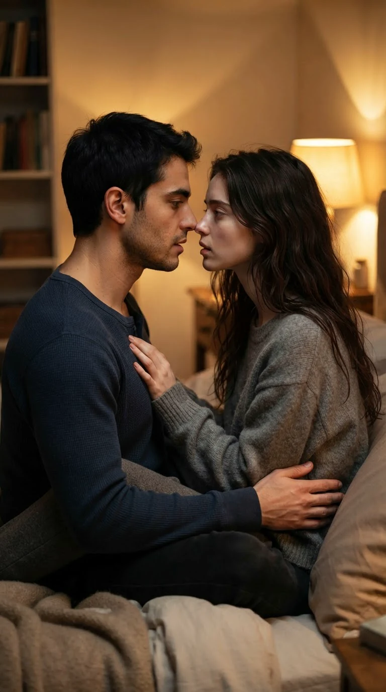 Mattia kisses Aveline back as her hand rests on his chest.