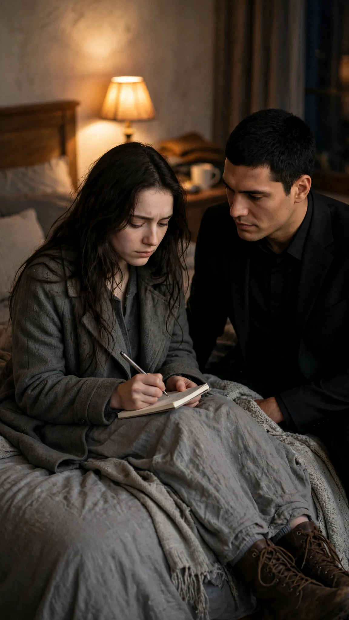 Aveline writes on her pad while Mattia watches.