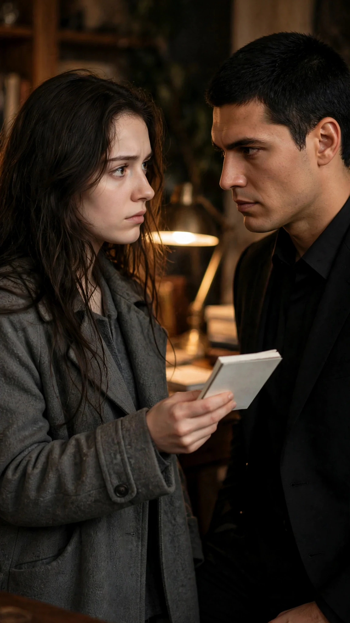 Aveline holds her pad toward Mattia, asking him to stay.