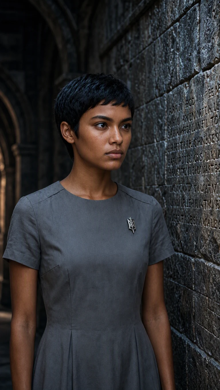 A young woman in a plain gray dress stands before a shadowed wall of name marks in a stone corridor.