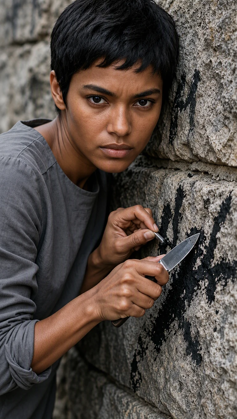 Close view of a woman scraping black paint from a stone wall with a kitchen knife.