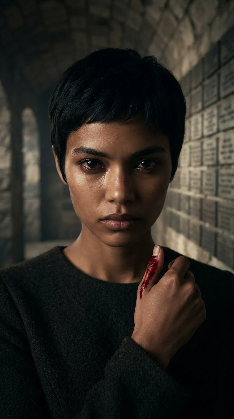 The same woman stares at the wall with blood on her thumb, grief hard in her face.