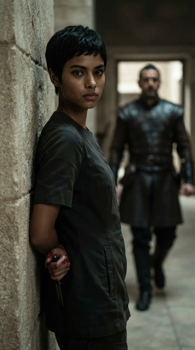 The woman hides a small knife behind her back as a guard's shadow passes in the corridor.