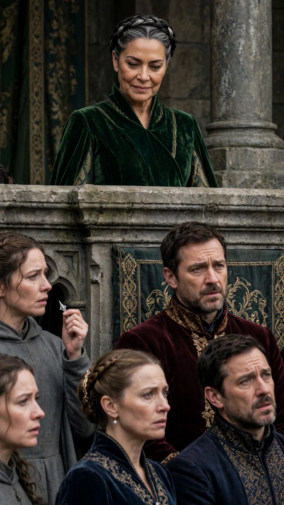 The queen smiles thinly from the dais as the crowd listens in tense silence.