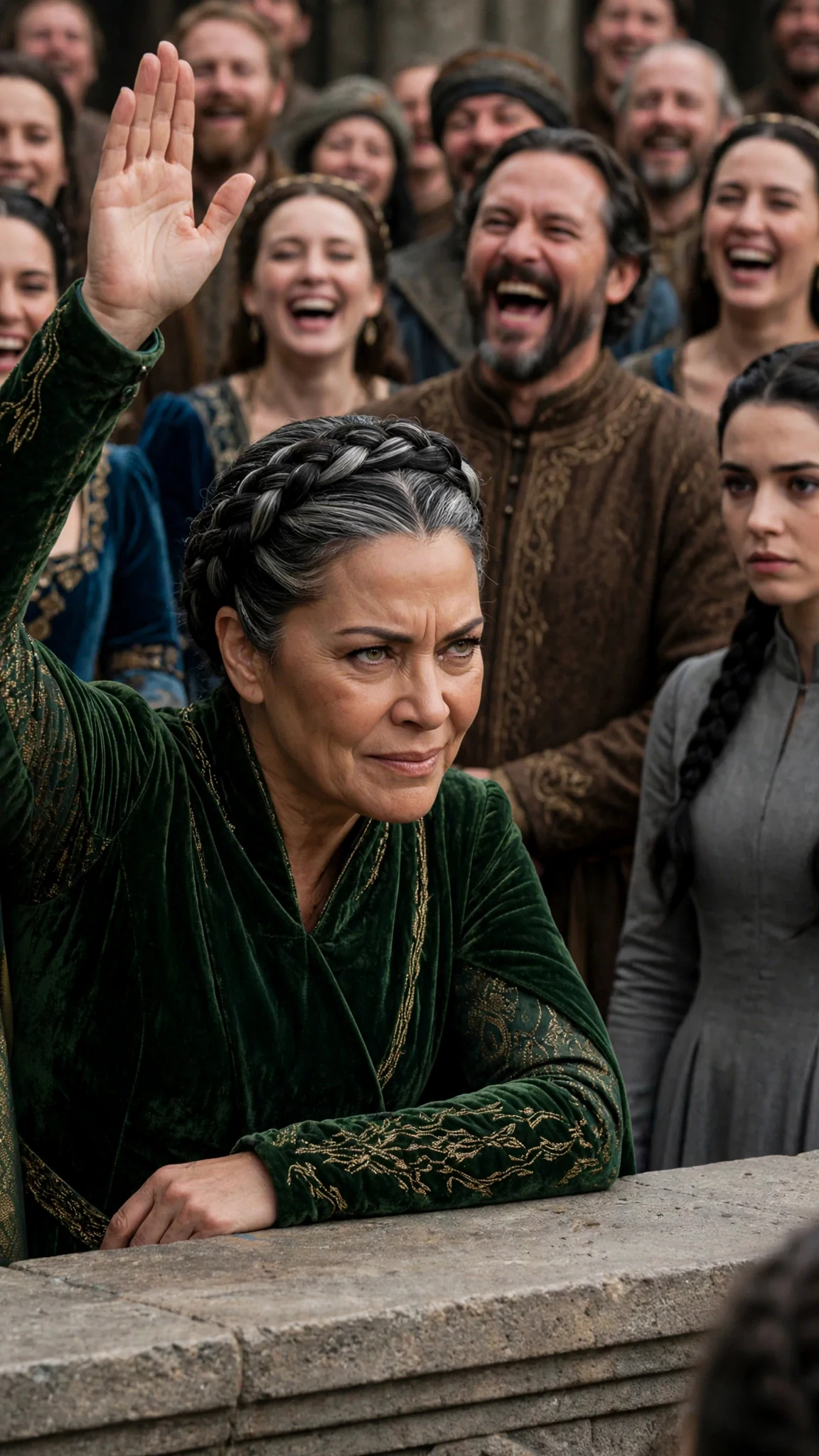 The queen speaks sharply while courtiers laugh, and a gray-dressed woman watches without smiling.