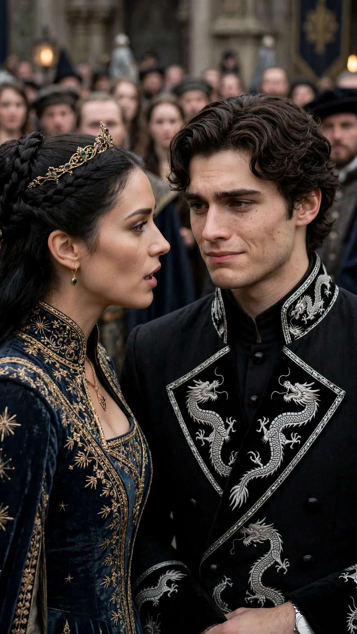 A tall prince in a black coat stands beside the queen, smiling like a man in pain.