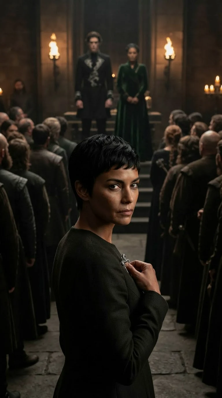 The gray-dressed woman watches the prince with contempt and something uneasy behind it.