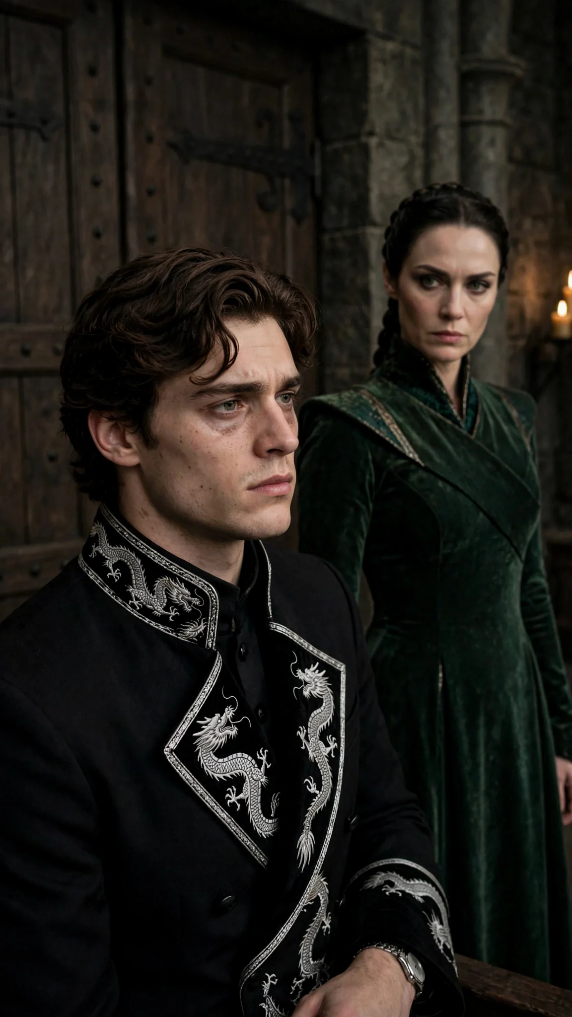 In a private stone chamber, the prince's smile drops as the queen follows him inside.