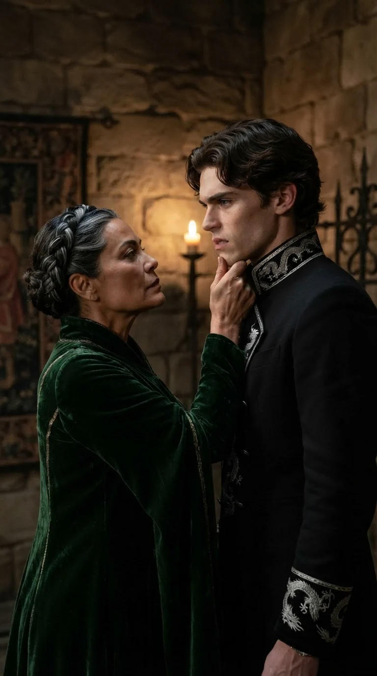 The queen grips the prince's chin hard while he stares back with controlled anger.
