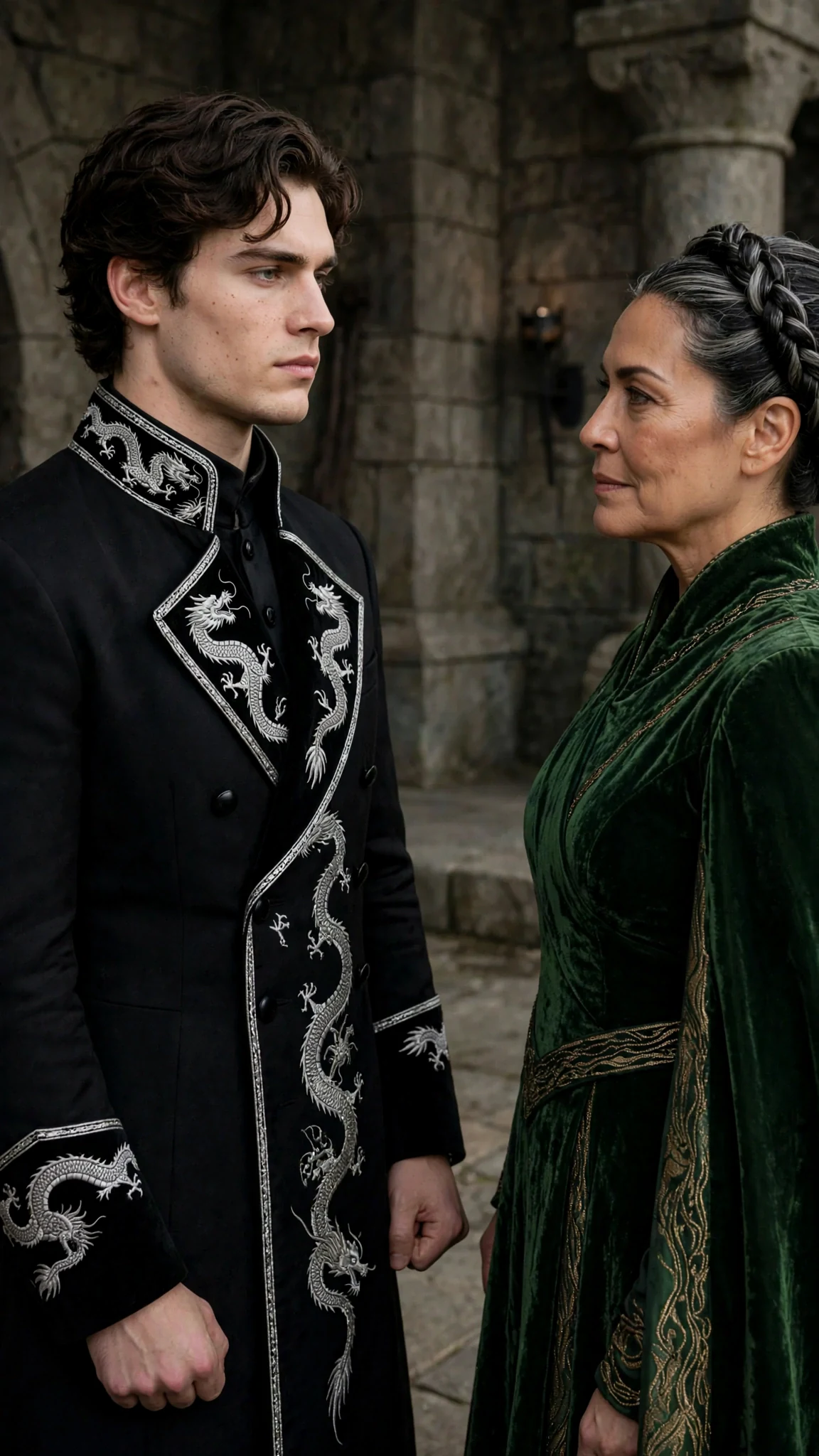 The prince answers his mother with a blank face, his hands clenched at his sides.