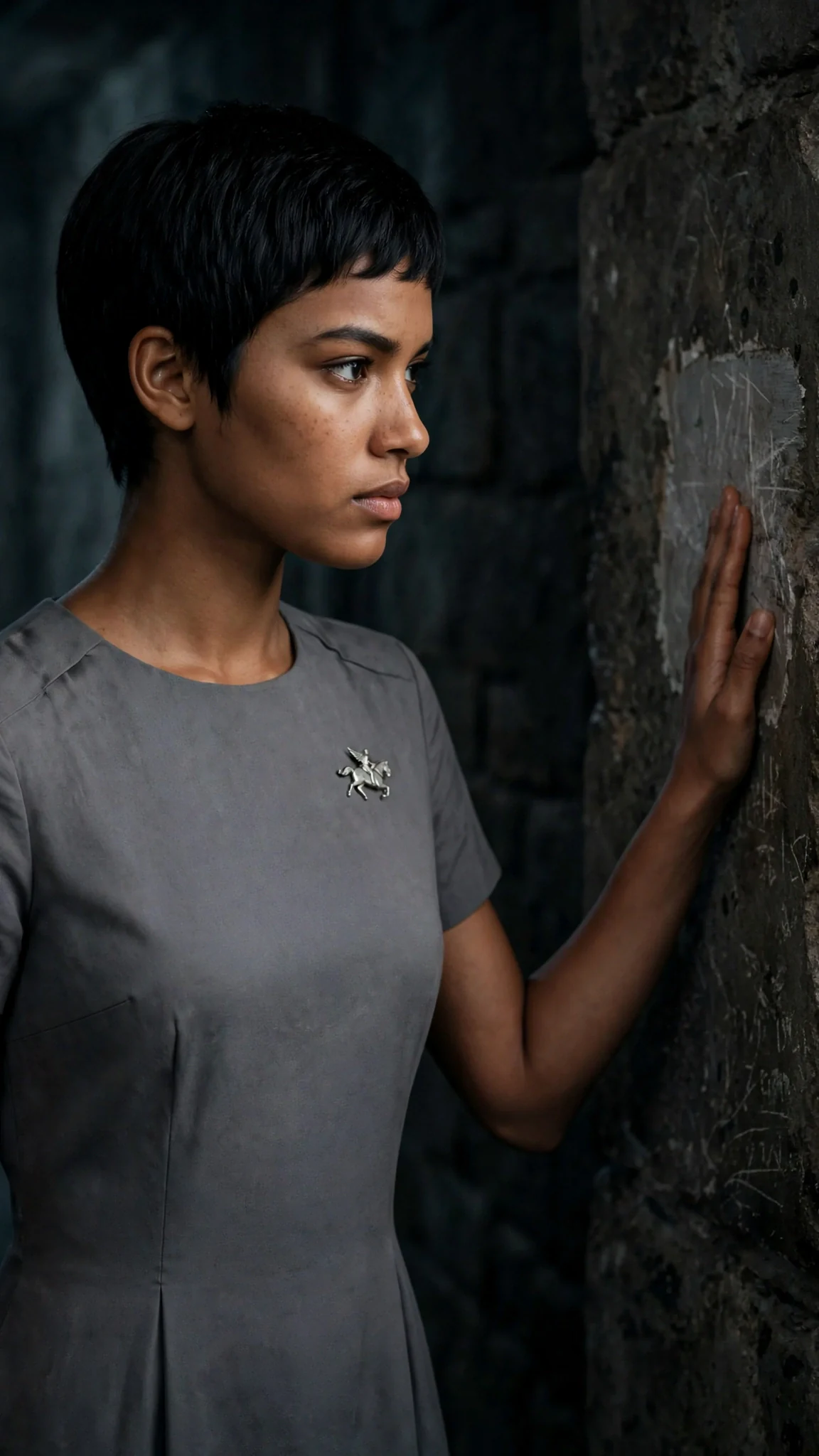 Back at the rider wall, the woman presses her palm to a bare scraped patch of stone.