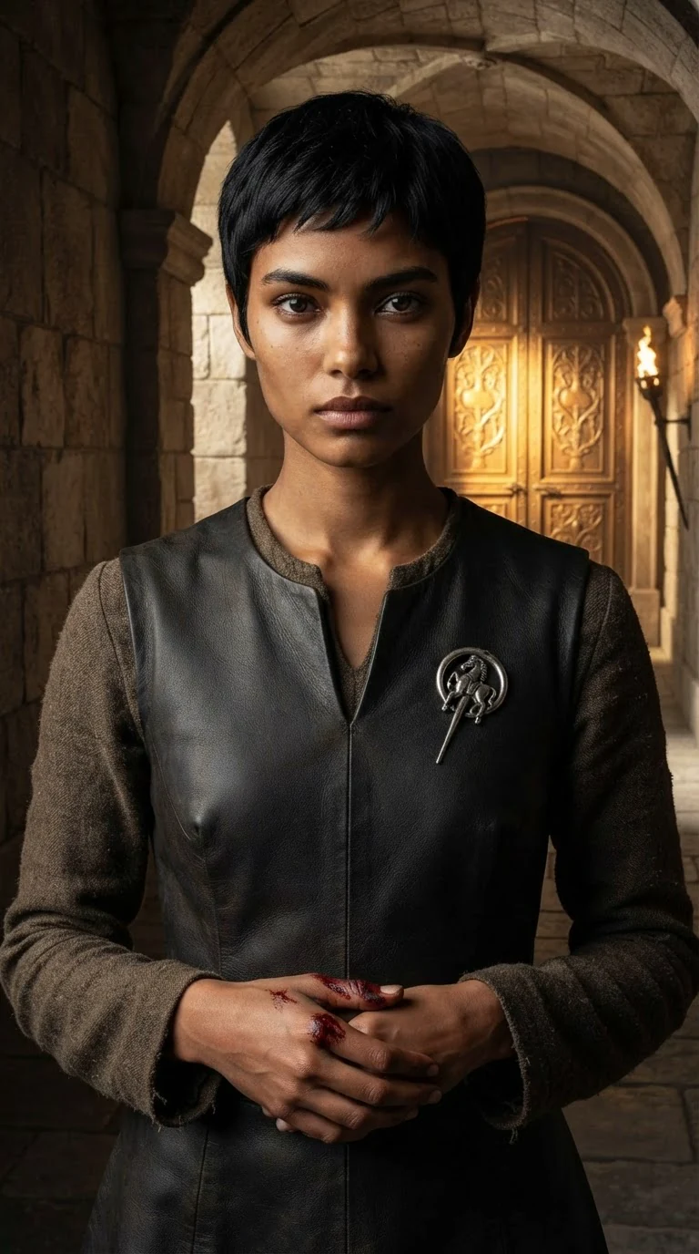 The woman looks toward the distant throne hall doors with a hard, dangerous plan in her eyes.
