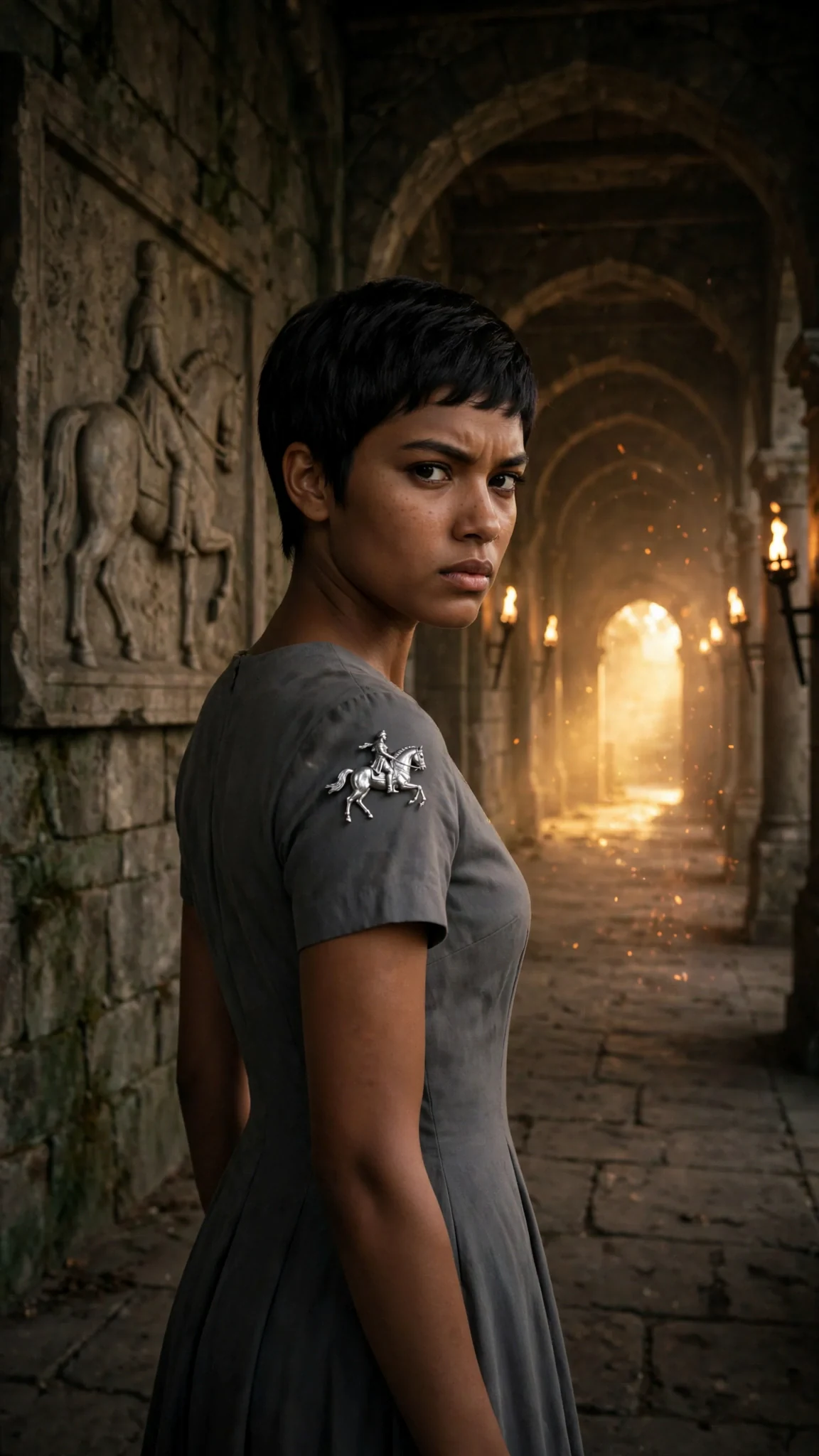 The woman turns from the wall, jaw set, leaving the dark corridor behind her.