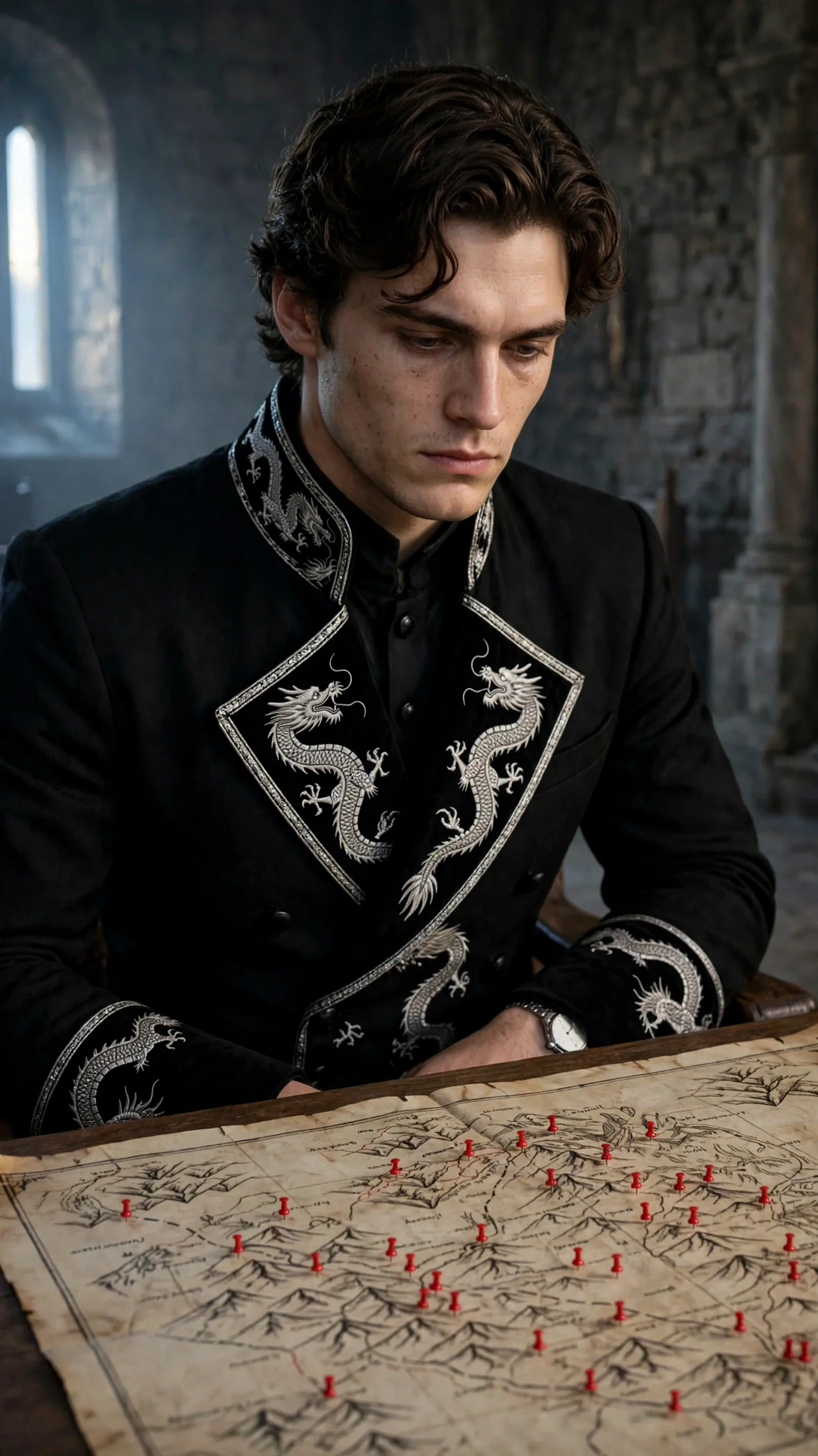A prince stands before a border map in a cold council room.