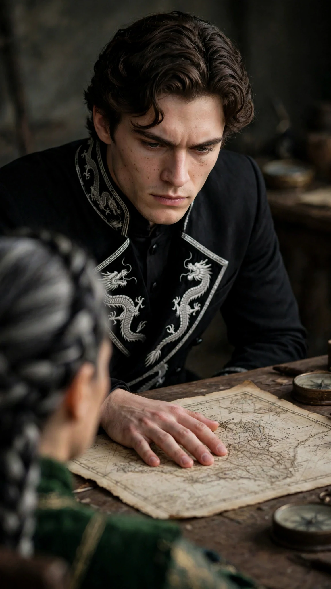The prince grips the table edge, answering his mother.
