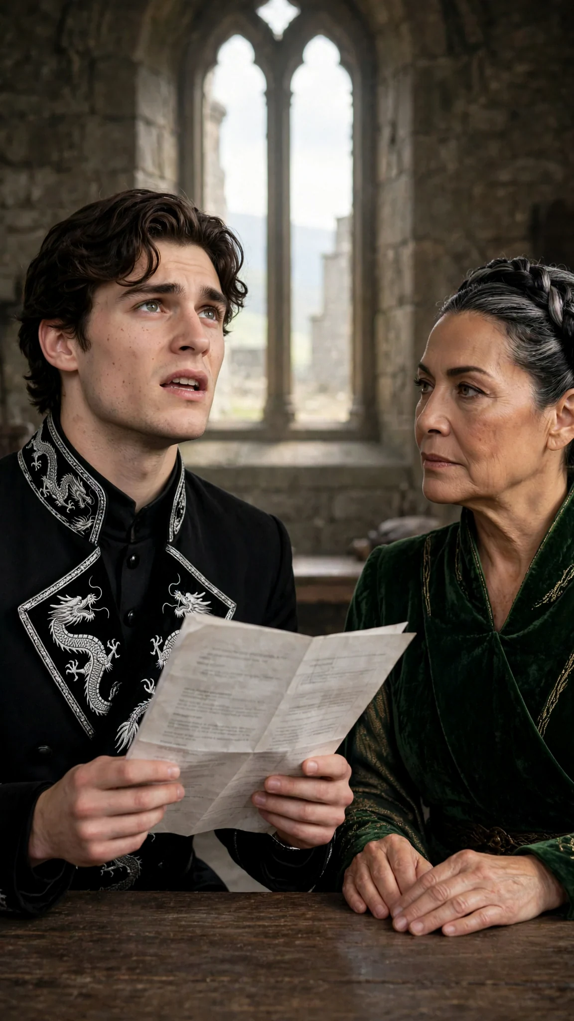 The prince holds the report, frowning at his mother.