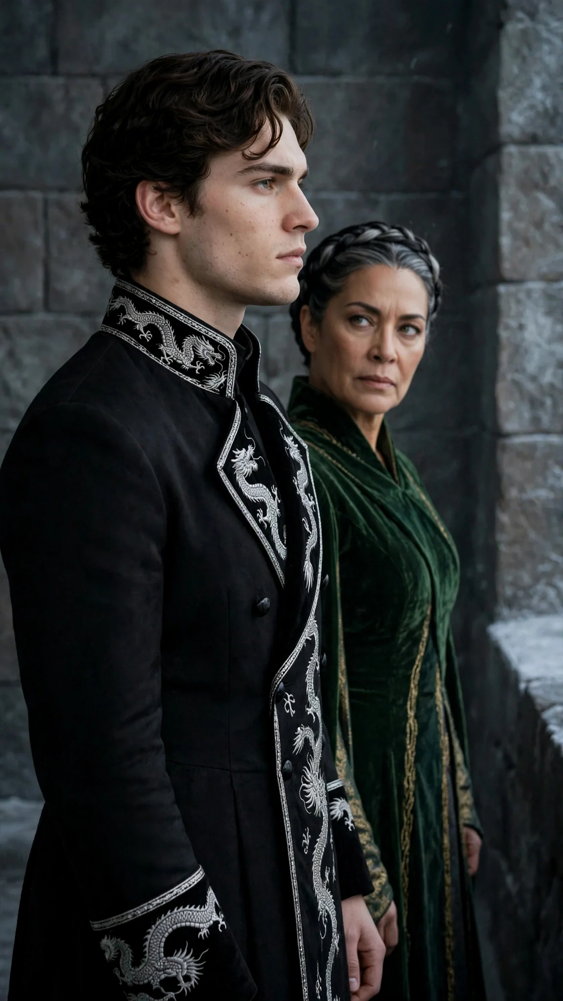 The prince stares past his mother at the stone wall.